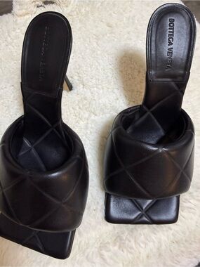 Bottega Veneta Black Quilted Square-Toe Leather Heeled Mules